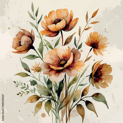 Rustic Watercolor Flowers on Textured Canvas. Vintage Botanical Illustration with Earthy Tones, Visible Brush Strokes and Artistic Imperfections.