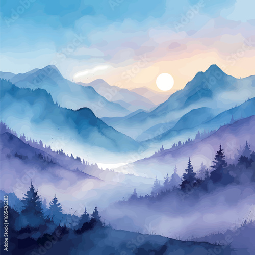 Serene misty mountains watercolor landscape. Soft blue and purple dawn atmosphere with gentle brushstrokes. Minimalist ethereal nature illustration.