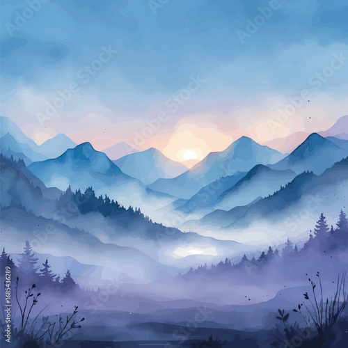 Serene misty mountains watercolor landscape. Soft blue and purple dawn atmosphere with gentle brushstrokes. Minimalist ethereal nature illustration.