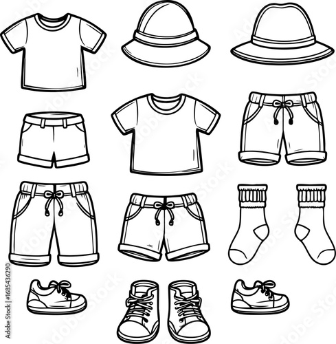 Children's Clothing Outline Set. Minimalist Line Drawing of Kids Wardrobe Essentials, Vector Illustration for Fashion and Parenting Concepts.