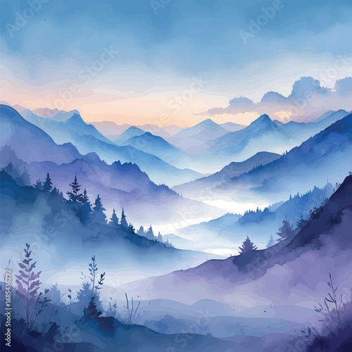 Serene misty mountains watercolor landscape. Soft blue and purple dawn atmosphere with gentle brushstrokes. Minimalist ethereal nature illustration.