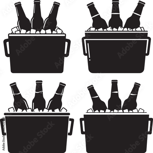 Four black silhouettes of coolers filled with beer bottles silhouette