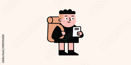 A courier cheerfully stands with a delivery package and a clipboard, ready to provide service, conveying a sense of trustworthiness and efficiency.