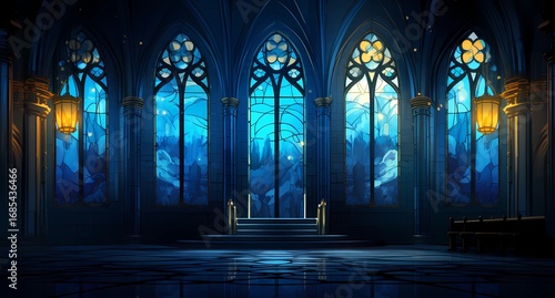Gothic style stained glass windows in blue