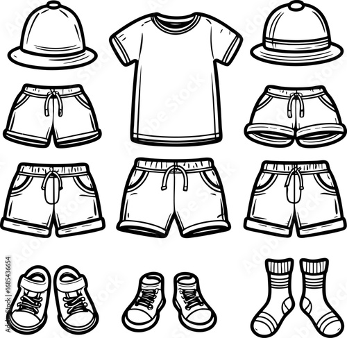 Children's Clothing Outline Set. Minimalist Line Drawing of Kids Wardrobe Essentials, Vector Illustration for Fashion and Parenting Concepts.