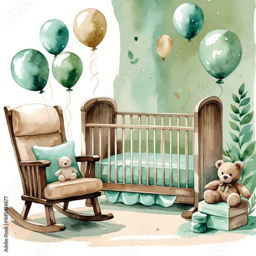 Cozy watercolor nursery interior illustration. Baby crib and rocking chair with floating balloons and teddy bear in gentle beige and sage green tones.