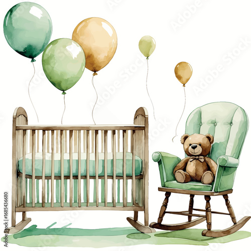 Cozy watercolor nursery interior illustration. Baby crib and rocking chair with floating balloons and teddy bear in gentle beige and sage green tones.