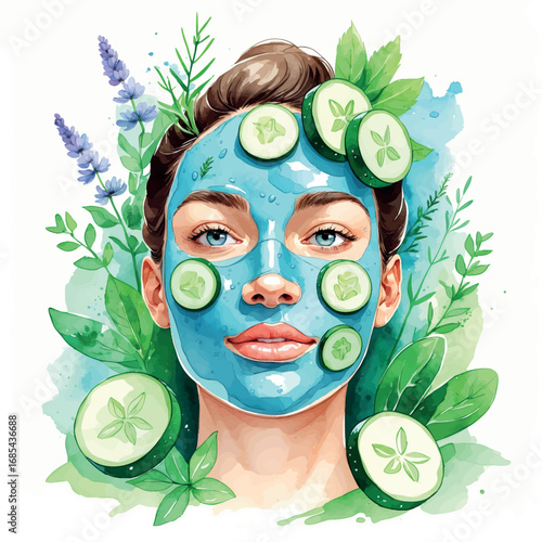Watercolor Detox Clay Face Mask with Cucumber. Spa and Skincare Vector Illustration, Isolated on White Background