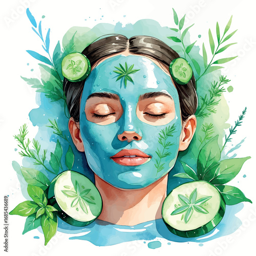 Watercolor Detox Clay Face Mask with Cucumber. Spa and Skincare Vector Illustration, Isolated on White Background