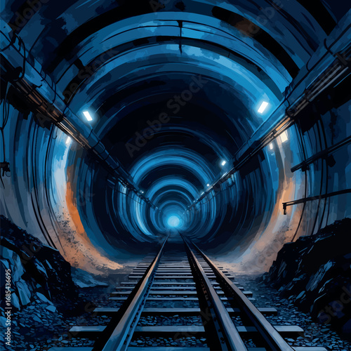 Underground Mining Tunnel Watercolor. Industrial Heritage Illustration with Rail Tracks in Deep Blues and Earth Tones for Resource Industry Art