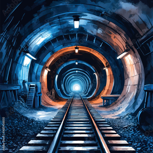 Underground Mining Tunnel Watercolor. Industrial Heritage Illustration with Rail Tracks in Deep Blues and Earth Tones for Resource Industry Art