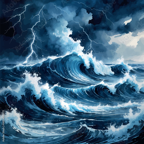 Dramatic Watercolor Sea Storm with Crashing Waves - Powerful Atmospheric Ocean Illustration