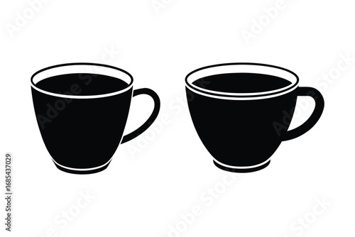 Two black coffee cups side by side on a plain white background silhouette
