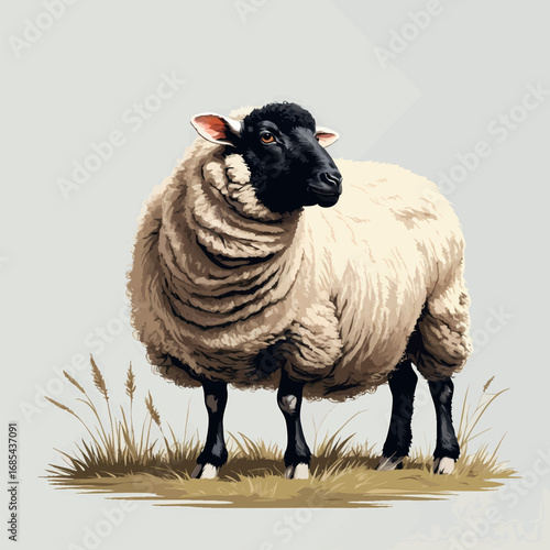 Suffolk sheep with distinctive coloring vector illustration. Black face and legs with white wool body and detailed fleece texture, perfect for meat industry branding.