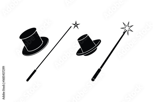 Black and white illustration of magic wands and top hats for fantasy or theater use silhouette