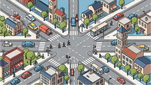 Town Crossroads Top View | Vector Illustration of City Streets and Road Intersection Map