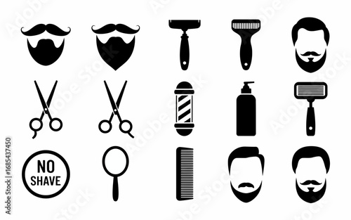 Vector icons set for barbershop and grooming services featuring shavers beards scissors and more vector