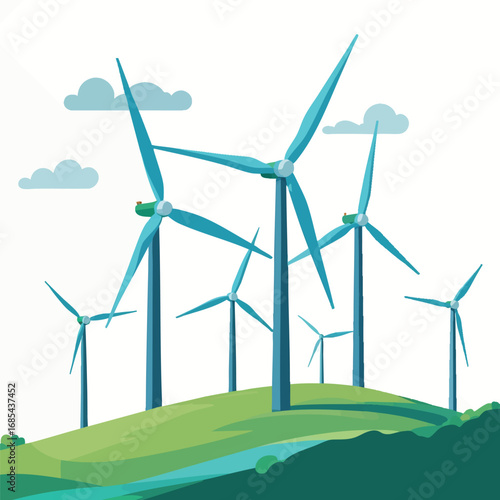 Wind turbine vector illustration on hill, minimal flat design for clean energy concepts