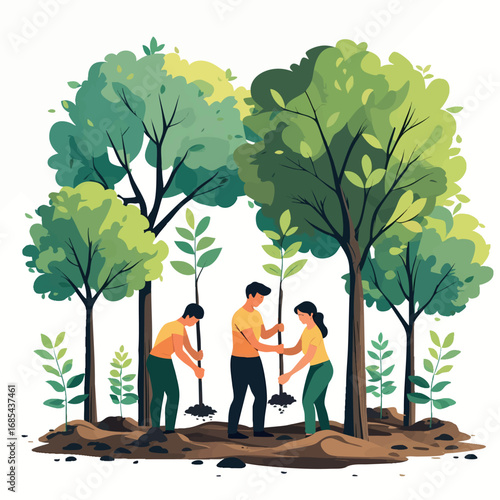 Reforestation and tree planting vector illustration with people planting saplings, flat eco design