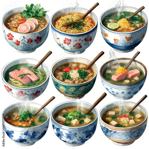 Traditional soup dishes in ceramic bowls watercolor collection. Global varieties including ramen, borscht, minestrone, tom yum and chowder with garnishes.