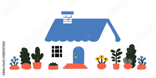 A charming illustration of a delightful house adorned with vibrant potted plants, set against a bright, inviting backdrop. 
