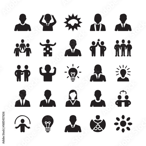 Set of black silhouette icons depicting business people, teamwork, and ideas such as lightbulb, handshake, and group of individuals, isolated on white background technology background