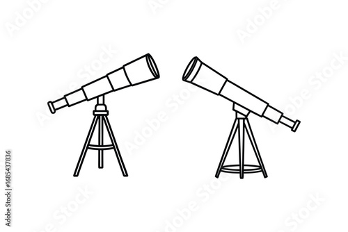 Two black line art telescopes on tripods pointing in different directions silhouette