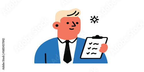 A friendly and competent male professional in a blue suit cheerfully checks a clipboard, embodying attentiveness and preparedness in this engaging illustration.