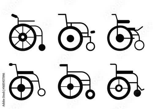 Six black and white wheelchair icons in a minimalistic style design