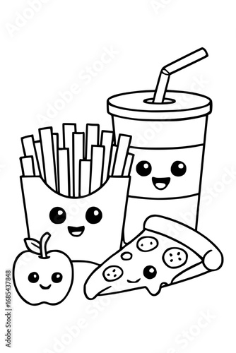 Whimsical food friends include apple, fries, drink, pizza for kids coloring fun and healthy eating