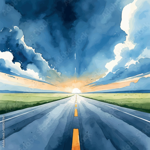 Watercolor concept of freedom as open road into distant horizon