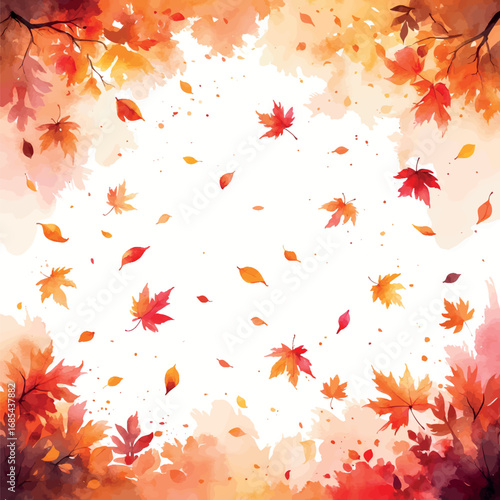 Autumn Atmosphere Watercolor with Falling Leaves. Warm Orange and Red Seasonal Illustration, Isolated on White Background
