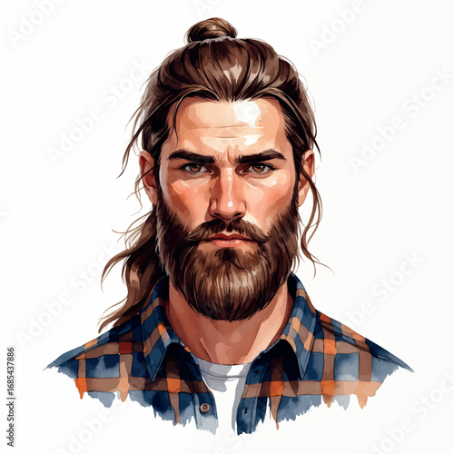 Watercolor avatar of bearded man with long hair and flannel shirt, rugged mountain style