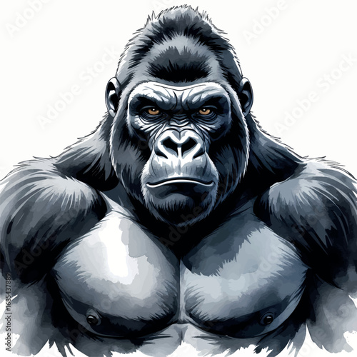Watercolor gorilla avatar with powerful physique and stoic face, alpha animal vector art