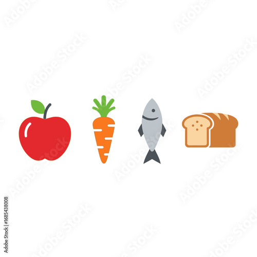 Simple icons depicting healthy food choices: apple, carrot, fish, and bread.