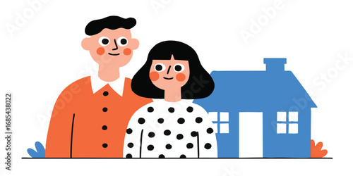 A happy couple standing in front of the house. The image portrays the couple and home which represent a symbol of hope, safety, and family. The couple shows the dream come true.