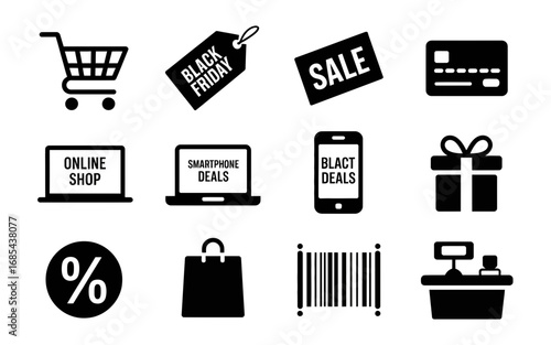 Black friday vector icon pack featuring shopping cart sale and credit card for e-commerce vector