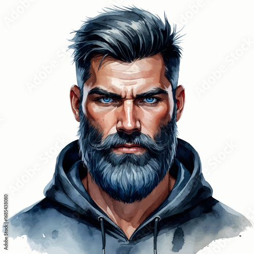 Watercolor avatar of a rugged bearded man with intense look and hoodie, vector male portrait