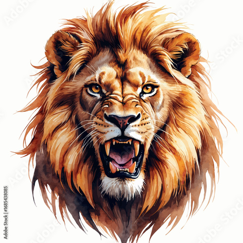 Watercolor lion avatar with fierce roar and golden mane, powerful animal vector portrait