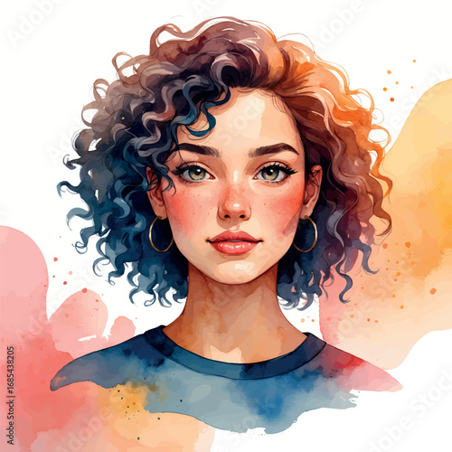 Watercolor avatar of young woman with curly hair, soft features and warm tones, isolated vector