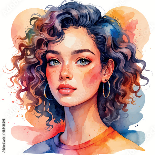 Watercolor avatar of young woman with curly hair, soft features and warm tones, isolated vector