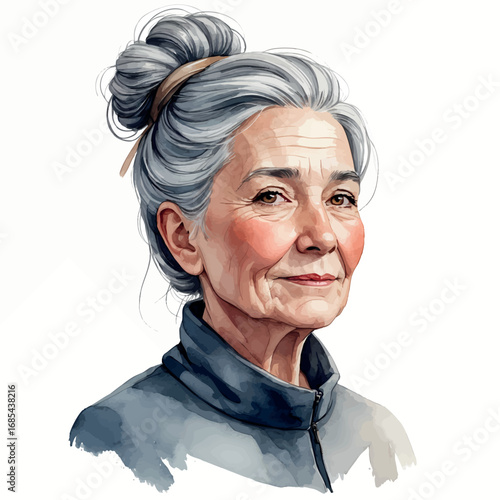 Watercolor avatar of elderly woman with bun hairstyle and calm face, isolated vector illustration