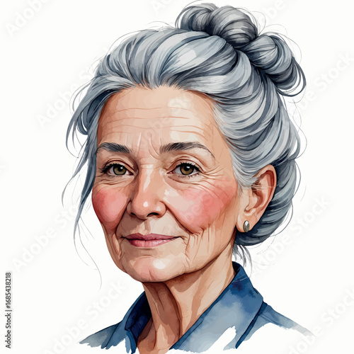 Watercolor avatar of elderly woman with bun hairstyle and calm face, isolated vector illustration