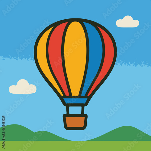 A vibrant, colorful hot air balloon soaring gracefully through a clear blue sky above rolling green hills with fluffy white clouds.