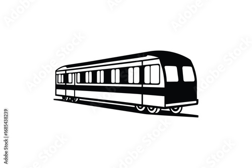 a black and white illustration of a passenger train car on tracks silhouette