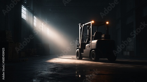 Dark Warehouse Scene with Forklift Under Spotlight Glow
