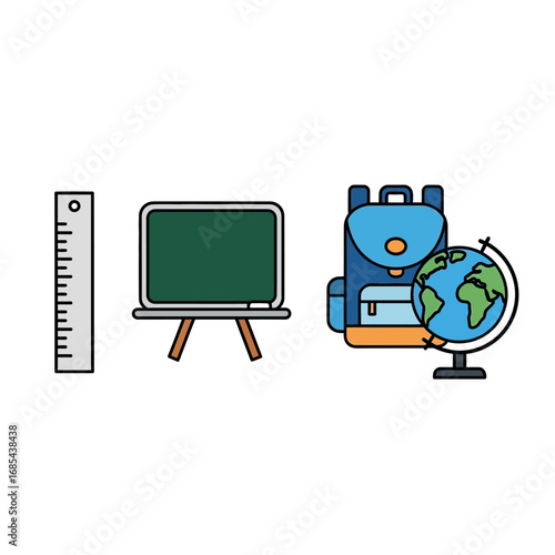Backpack, globe, chalkboard, and ruler; essential school supplies.