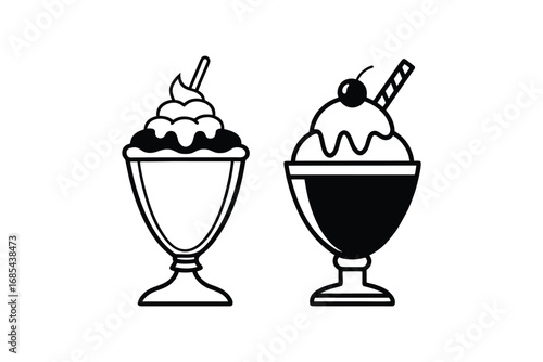 Two glasses of ice cream with toppings and a cherry on top silhouette