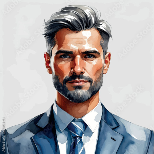 Watercolor businessman avatar in suit and tie, confident look in watercolor style, isolated vector