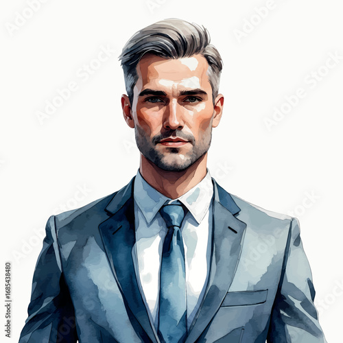 Watercolor businessman avatar in suit and tie, confident look in watercolor style, isolated vector